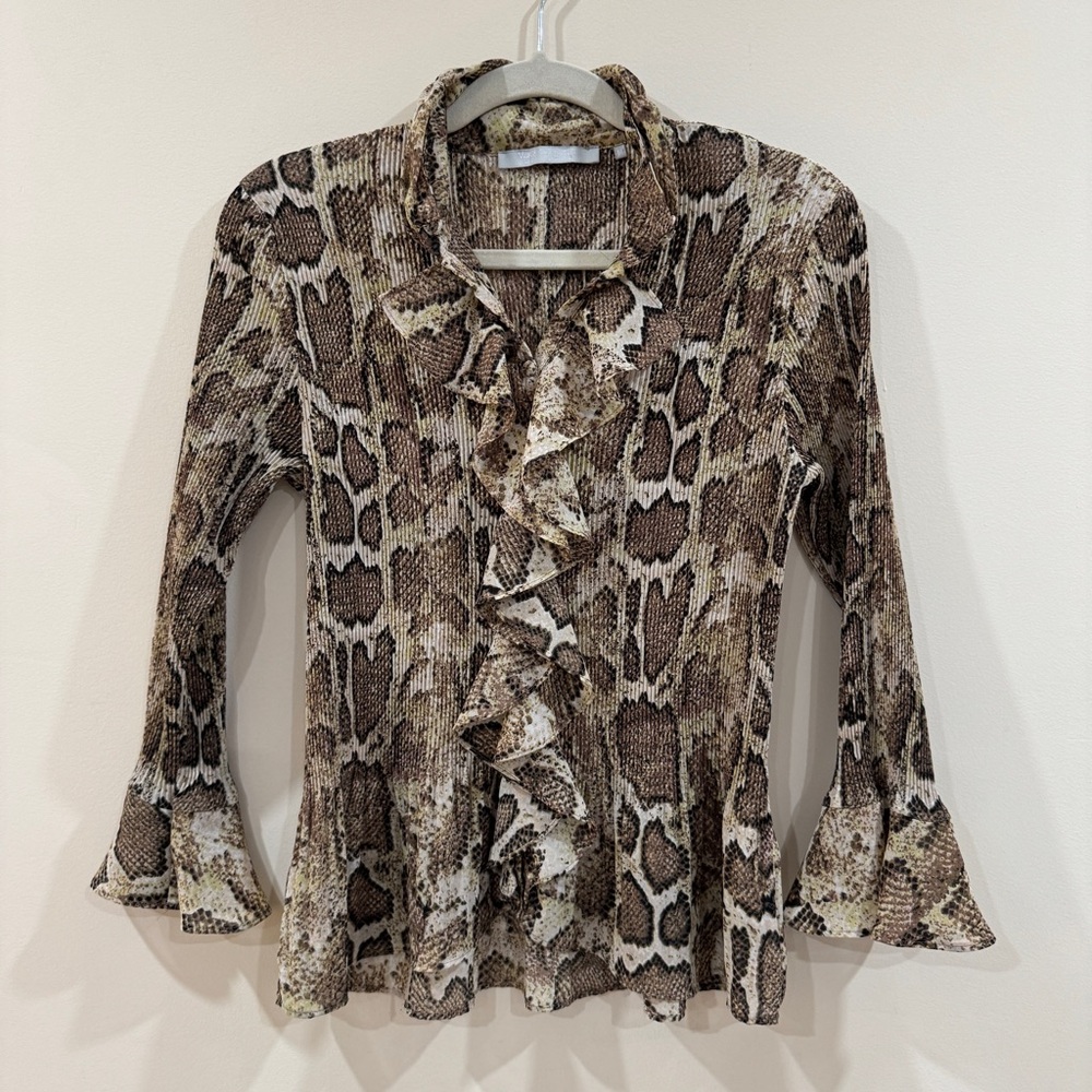 Vintage Python Snake Print Ruffle Blouse Bell Sle… - image 8